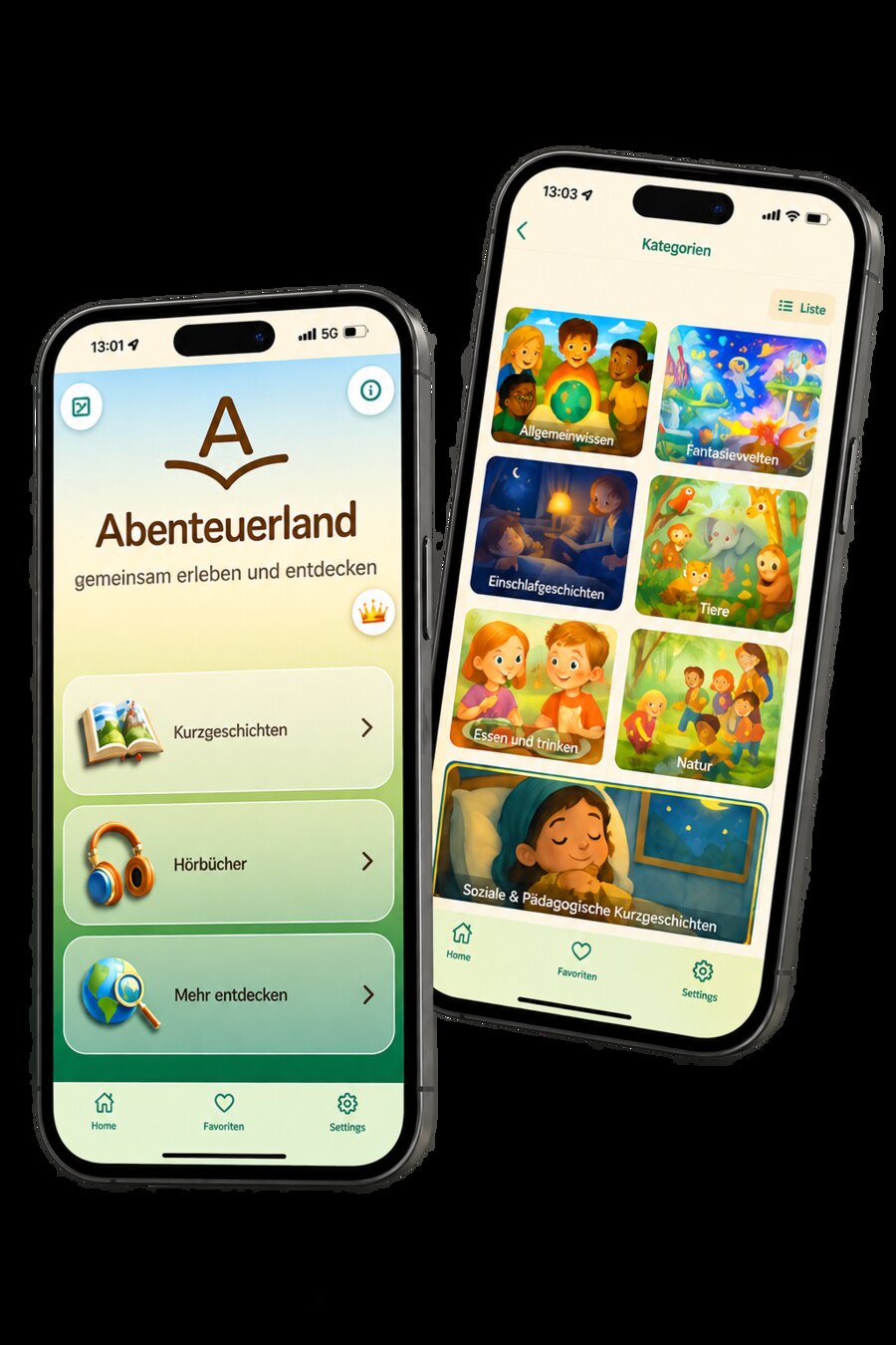 Zwei Smartphones zeigen die App Abenteuerland: den Startbildschirm mit Kurzgeschichten und Hörbüchern sowie die Übersicht der Geschichten-Kategorien.